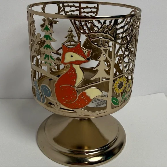 Bath & Body Works 3-Wick Candle Holder Pedestal Gold Fox Bear Deer Nature Animal - Picture 1 of 6